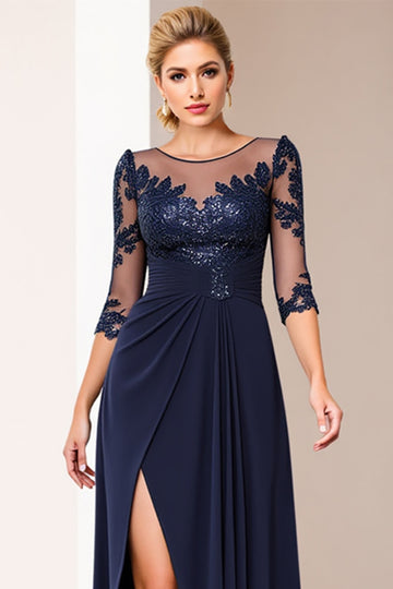 A Line Applique Navy Mother of the Bride Dress with Slit
